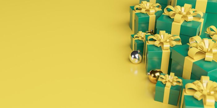 close up of green gift boxes with bright yellow background for copy space. 3d rendering