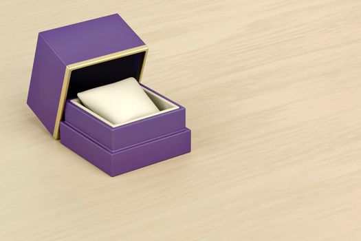 Open purple gift box on wood desk