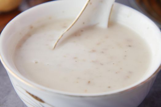 A bowl of homemade cream of mushroom soup.