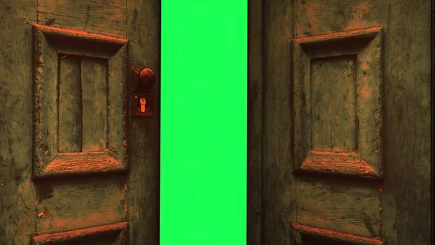 3d illustration - wooden door opening to green screen