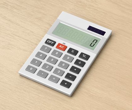 White calculator on wooden desk