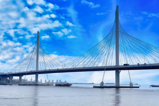 Cable-stayed bridge over the Petrovsky fairway in St. Petersburg. City Historic Landmarks