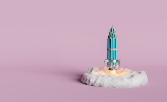 pencil rocket taking off with a cloud of smoke underneath. creative concept. business, education, success, startup. 3d render