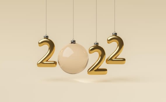 new year 2022 sign made with golden christmas ornaments and a crystal ball. 3d render