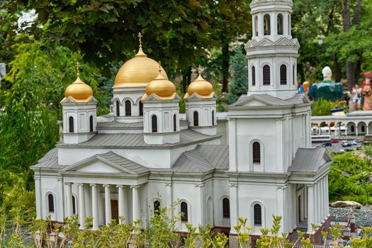 Bakhchisaray, Crimea, Russia - July 06, 2021: Bakhchisarai park of miniatures. Crimea in miniature on the palm