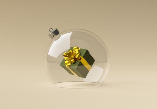 crystal christmas ball with a gift box floating inside. 3d render