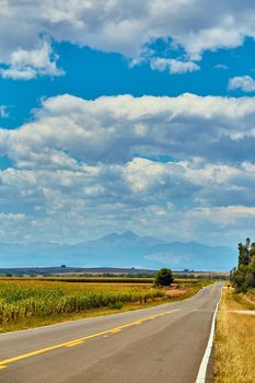 Image of Road through the desert with mountains in the distance and white clouds