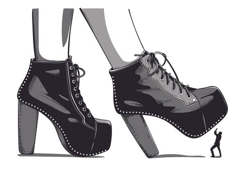  drawing of woman fashion high heel shoes boots in ink engraving vintage style