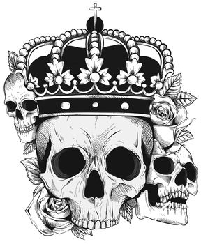 Graphic black and white human skull with royal lily king crown and diamonds