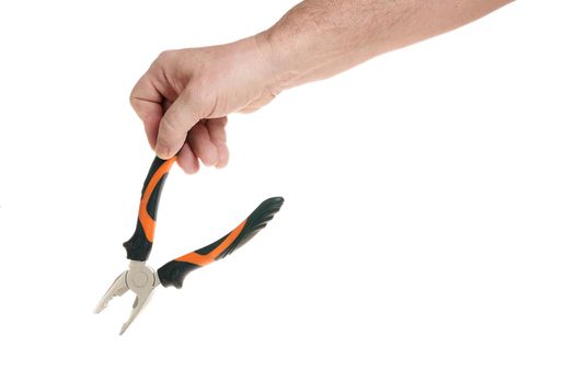 Hand holds pliers on a white background, a template for designers. Close up
