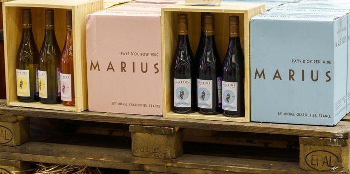 Volzhsky, Russia-September 21, 2021: Marius wine Shiraz grape variety on the shelves of the Metro hypermarket. Selective focus