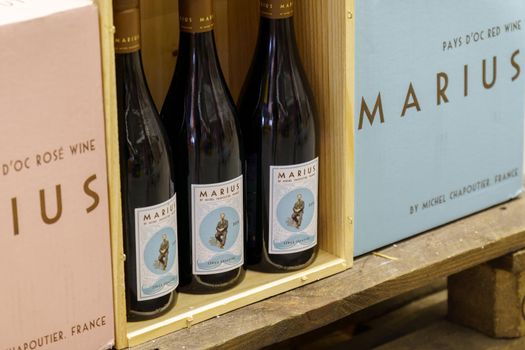 Volzhsky, Russia-September 21, 2021: marius wine on the shelves of the metro hypermarket. Selective focus. sale of alcohol