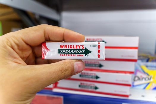 Volzhsky, Russia-September 21, 2021: Spearmint chewing gum made by Wrigley close-up.