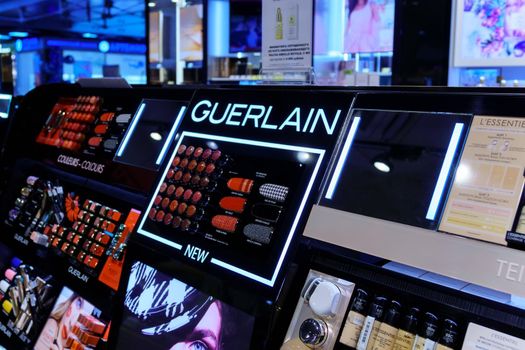 Volgograd, Russia-September 16, 2021: Shop in the Guerlain logo in the shopping center of Russia.