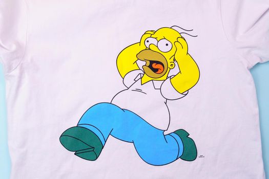 Tyumen, Russia-August 27, 2021: Simpsons is an American adult animated sitcom created by Matt Groening for the Fox Broadcasting Company. T-shirt