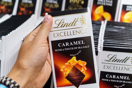 Volzhsky, Russia-September 21, 2021: Lindt chocolate shop in shopping center. With caramel