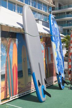 surfboards for rent on the beach close-up. High quality photo