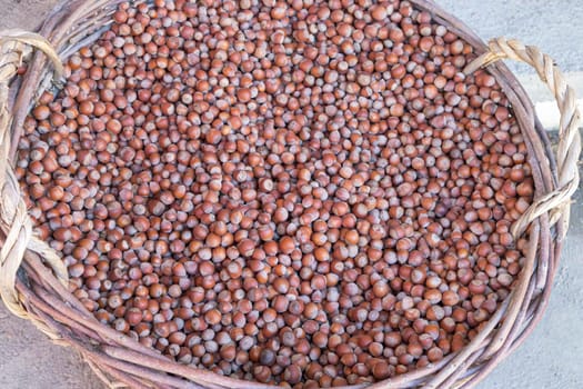 hazelnuts in a large wicker basket close-up. High quality photo