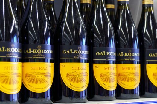 Volzhsky, Russia-September 21, 2021: Gai Kodzor is famous for its beautiful vineyards dry red wine on the shelves of the hypermarket