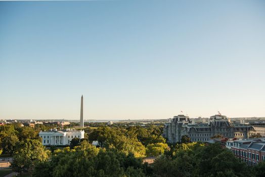 White House DC skyline at night with view of the Washington Monument at sunset