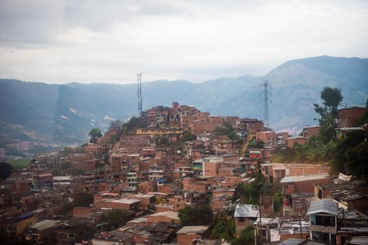 View of houses in rolling hills in Medellin, Colombia.
