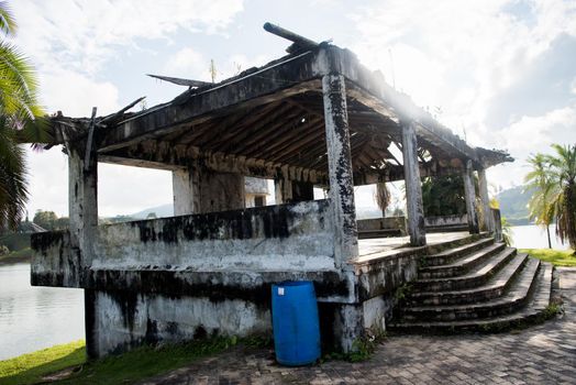 Guatape, Colombia - December 12, 2017: Pablo Escobar's old estate La Manuela in ruin. Close up of architecture