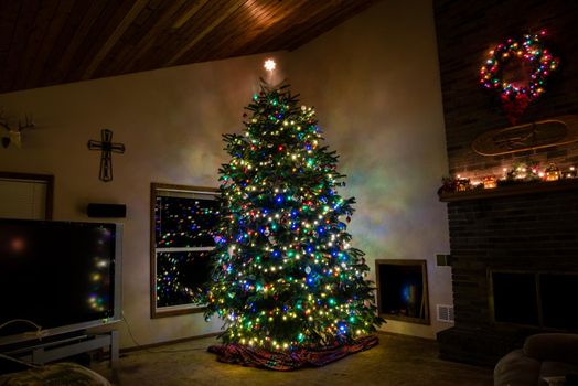 Large decorated Christmas tree inside of living room with light streaks