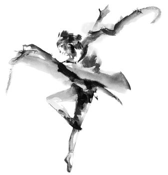 Watercolor and ink illustration of dancing girl in pointe. Oriental traditional painting in style sumi-e, u-sin and gohua. Grayscale drawing on white background.