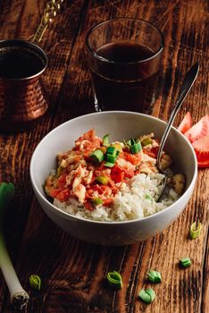 Scrambled eggs with tomatoes, white rice and turkish coffee