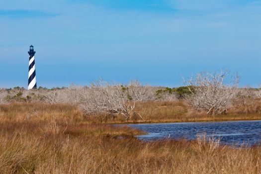 Cape Hatteras Lighthouse towers over marsh wetland of Outer Banks island near Buxton, North Carolina, US