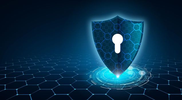 shield with key inside on blue background The concept of cybersecurity the Internet