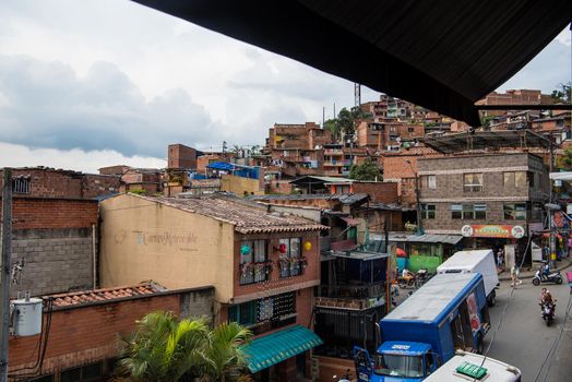 The slums of Medellin, Colombia with view of old houses.