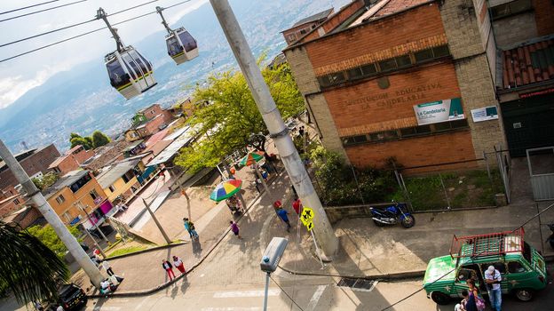 Cable cars in transit in Medellin, Colombia.