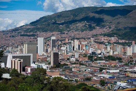 Rolling hills and cityscape of Bogota Colombia. Close up