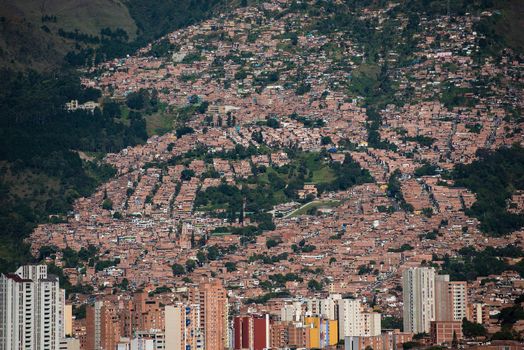 Rolling hills and village of Bogota Colombia. Aerial view