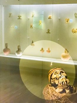Artifacts from the gold museum with skeleton in Bogota, Colombia.