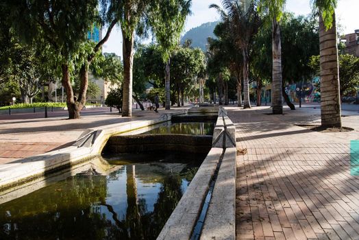 Central Bogota, Colombia waterway with palm trees.