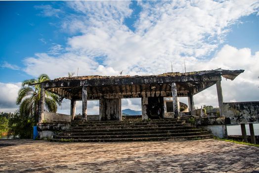 Guatape, Colombia - December 12, 2017: Pablo Escobar's old estate La Manuela in ruin. Close up of architecture