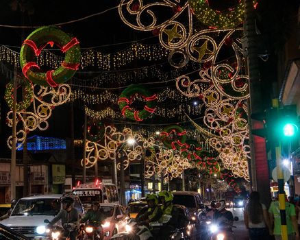 Christmas lights and wreaths in Medellin, Colombia.