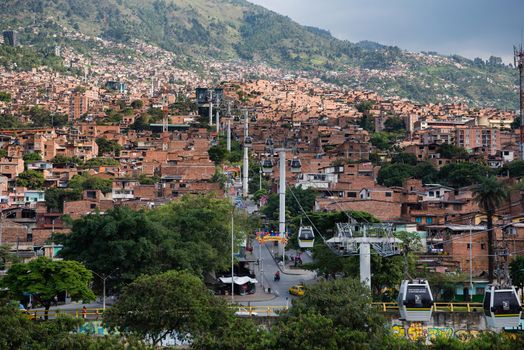 Cable car route in Medellin, Colombia. View of many homes.