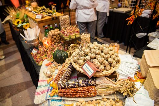 Truffles and indian corn spread and layers of festive food