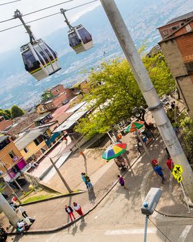 Cable cars in transit in Medellin, Colombia.