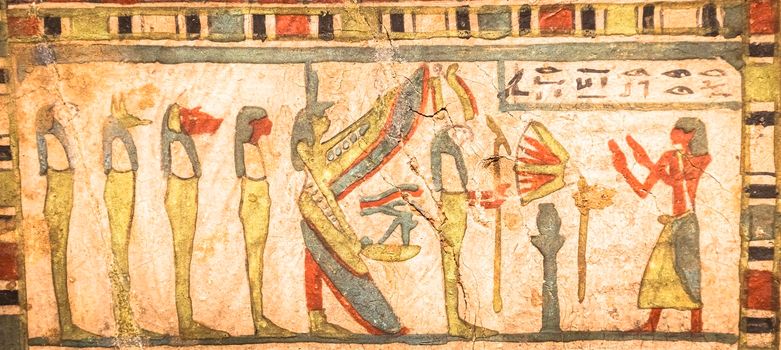 TURIN, ITALY - CIRCA MAY 2021: Egyptian archaeology. Ancient hieroglyphyc,  ca. 580 BC, with Isis and the four sons of Horus