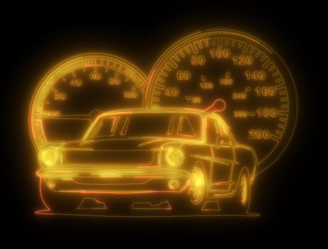 Neon silhouette of classic American muscle car. Glowing sign. illustration.