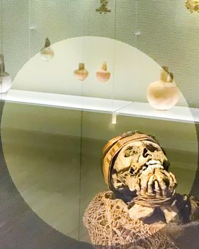 Artifacts from the gold museum with skeleton in Bogota, Colombia.