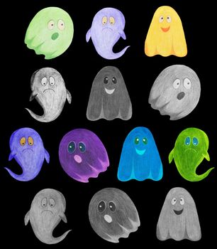 Hand Drawn Halloween Ghost Isolated on Black Background. Halloween scary ghostly monsters. Cute cartoon spooky character, Drawn by Color Pencils.