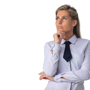 Young business woman look up to empty copy space, businesswoman think, idea, hold hand on chin isolated on white background