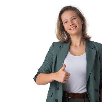 Portrait of young business woman with thumb up studio isolated on white background