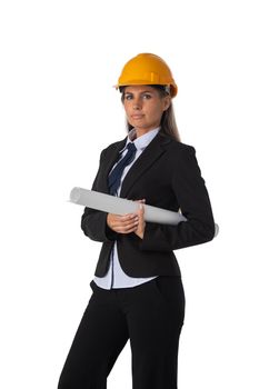 Portrait of female engeneer architect in yellow hardhat and business suit holding blueprint isolated on white background