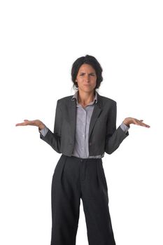 Portrait of young business woman shrugging shoulders isolated over white background dont know confusion concept